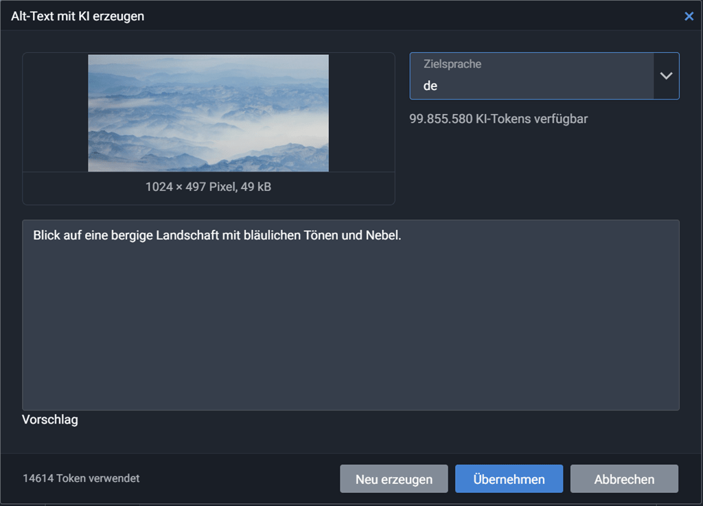 Zeta Producer Dialog zur automatischen Erstellung von Alt-Texten