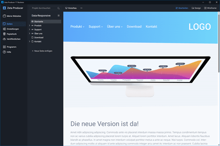 Screenshot der Benutzeroberfläche von Zeta Producer mit einem Diagramm und Menüoptionen auf der linken Seite.