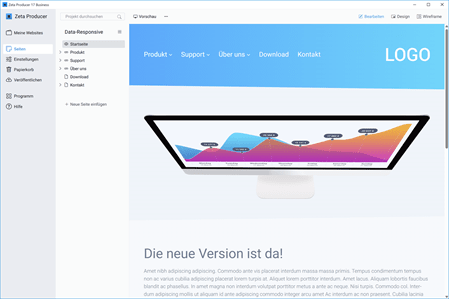 Screenshot der Benutzeroberfläche von Zeta Producer mit einem Diagramm und Navigationsmenü.